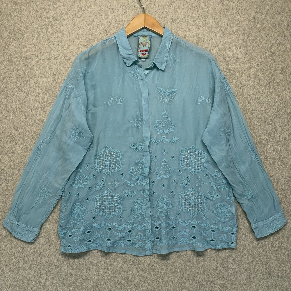 Johnny Was Womens Medium Blue Embroidered Cupra Button‎ Front Blouse Top